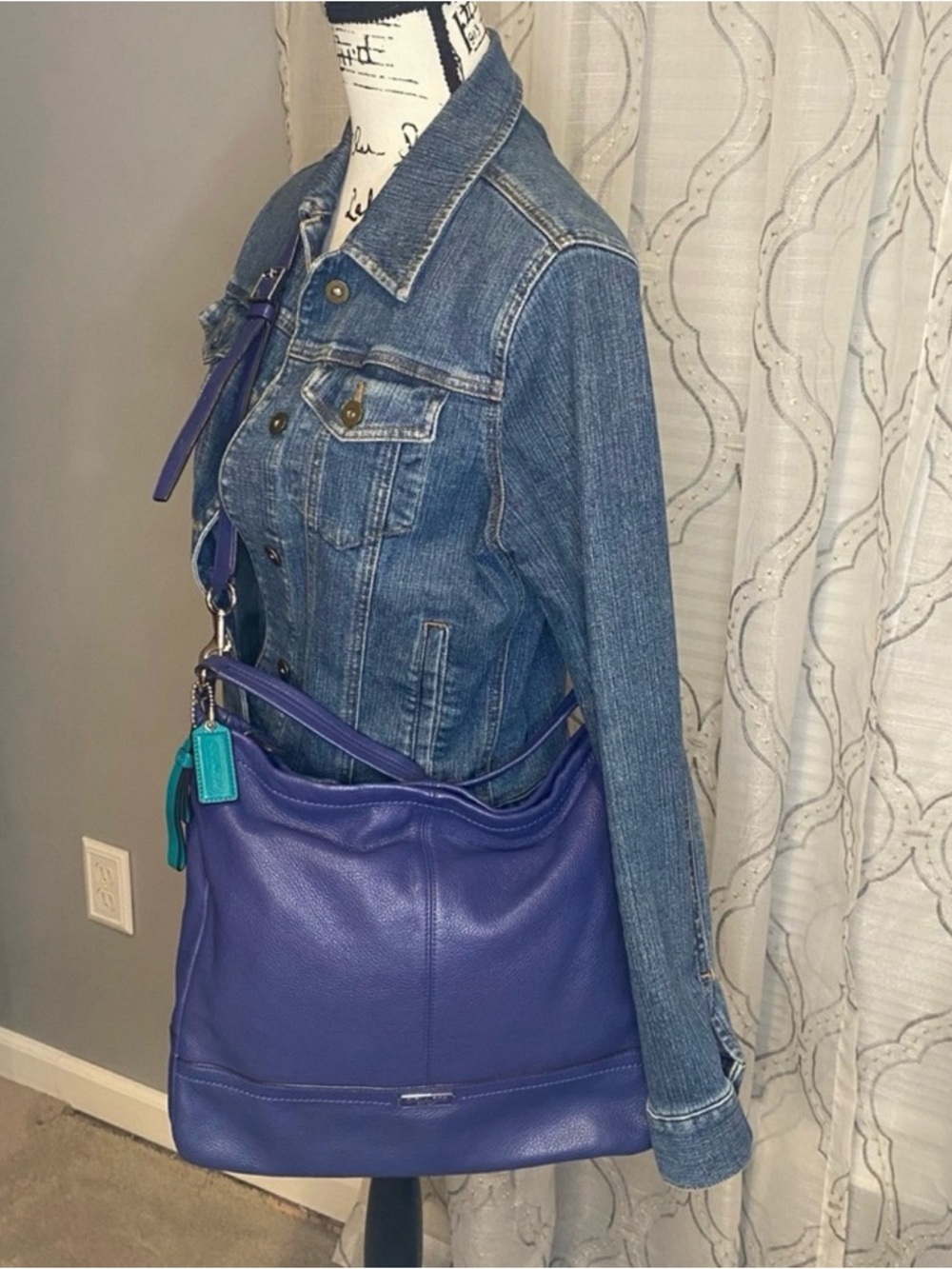 Coach  Blue Pebbled Leather Hobo Shoulder Bag with Teal Accent - Picture 2 of 5